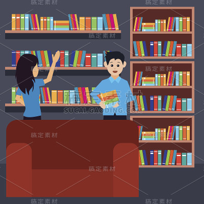 男人和女人在图书馆，工作，读书。矢量图