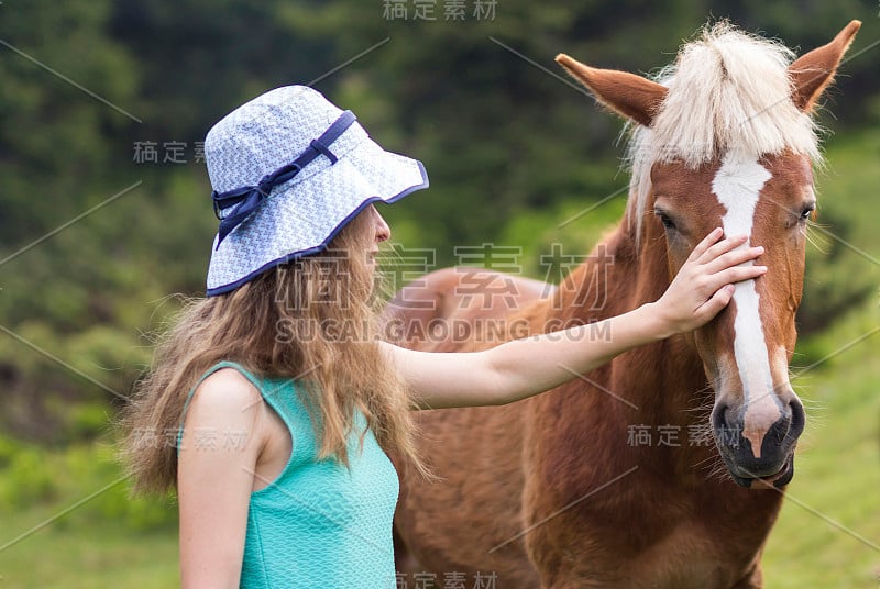 年轻漂亮的金发长头发女人在太阳帽爱抚美丽的栗色马在模糊的绿色阳光夏天的背景。对动物的关爱、关怀、友谊