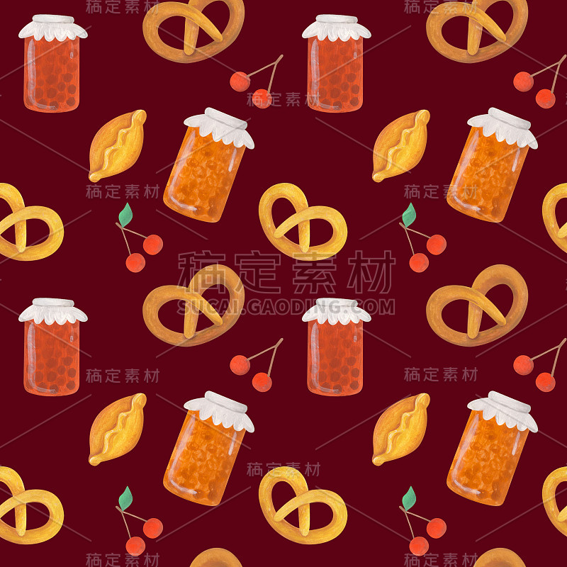 果酱和馅饼，可爱的无缝图案从版权水粉插图上勃艮第的背景。