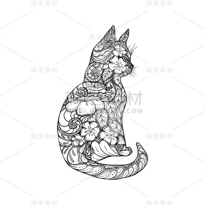 猫的轮廓图插图，猫的艺术图，装饰鲜花，孤立的黑白图案