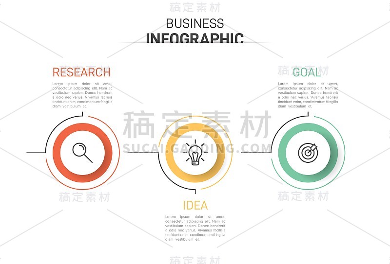 箭头商业模式的概念，分为三个连续的步骤。三个色彩丰富的图形元素。宣传册、演示的时间线设计。信息图表设