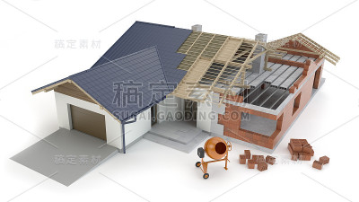 房屋建筑-白色背景，3D插图