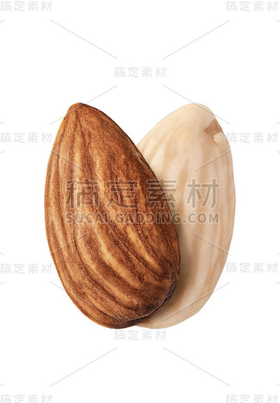 白色背景上分离的两颗杏仁