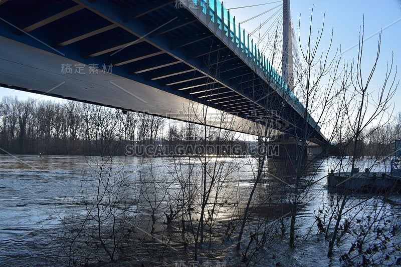 莱茵河斜拉桥发生洪水，Raiffeisenbrücke