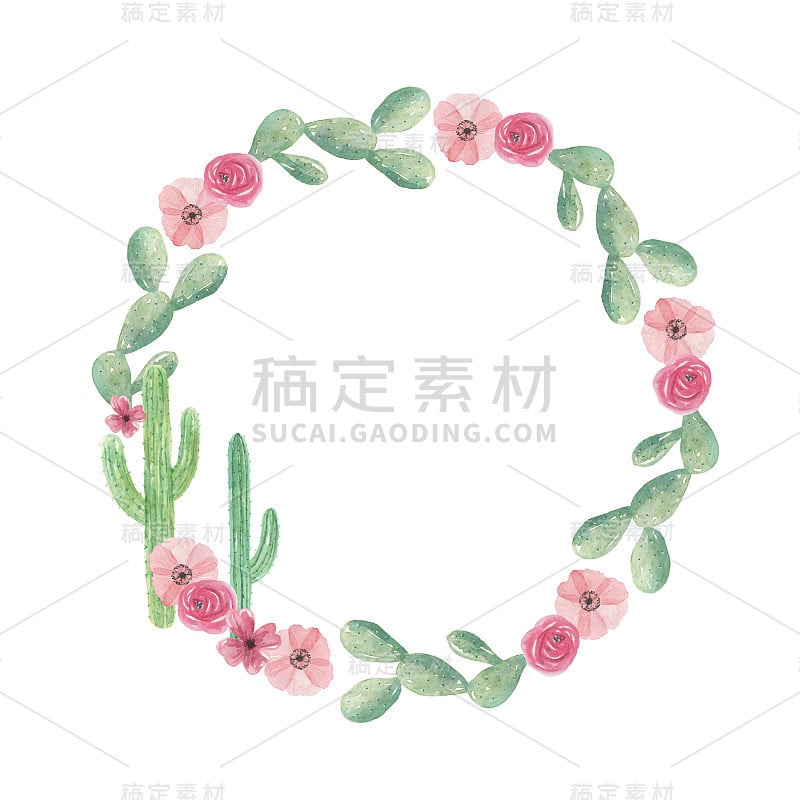 仙人掌水彩花环仙人掌花花环