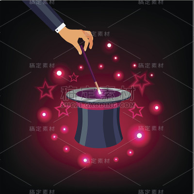 手拿魔术棒在一个魔法大礼帽