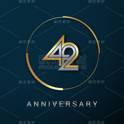 42周年纪念图标与黄金和白银多线性数字在一个黄金圈，孤立在黑暗的背景