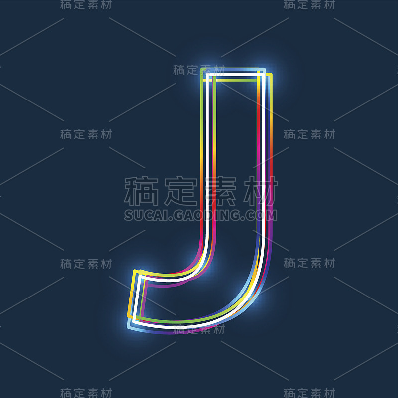 字母J -矢量多色轮廓字体发光效果孤立在蓝色背景。