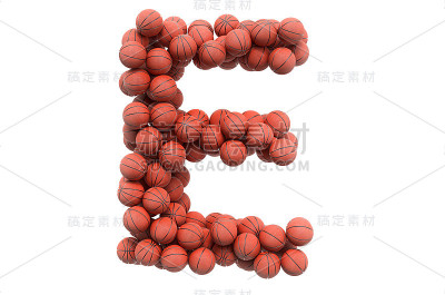 字母E来自篮球，3D渲染孤立在白色背景