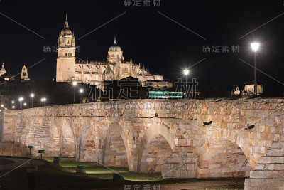 萨拉曼卡大教堂和罗马桥的夜景。