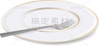矢量白色盘子和叉。