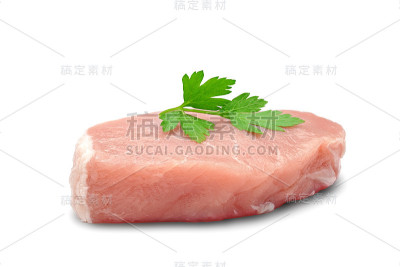 白色背景上的猪肉牛排和欧芹