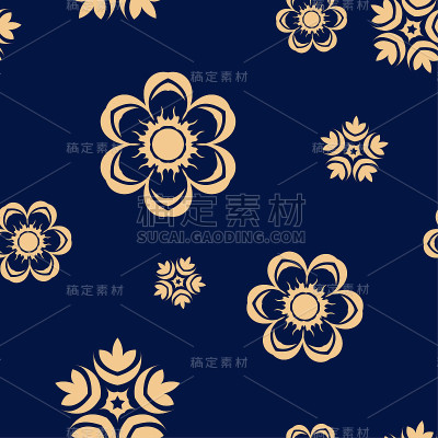 蓝色背景上的金色花无缝图案