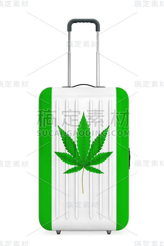 大旅行聚碳酸酯手提箱与医疗大麻或大麻大麻叶子标志。3d渲染