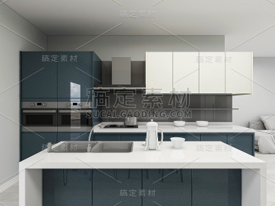 3D渲染，现代厨房吧台设计和旁边的木制餐桌