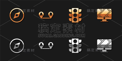 设置指南针，路线位置，交通灯和监视器与标记图标。向量