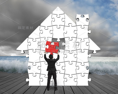 以洪水为背景组装房屋形状的拼图