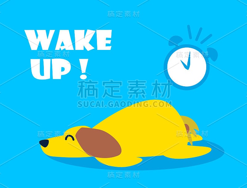 Cartoon card with sleeping dog and alarm clock on 