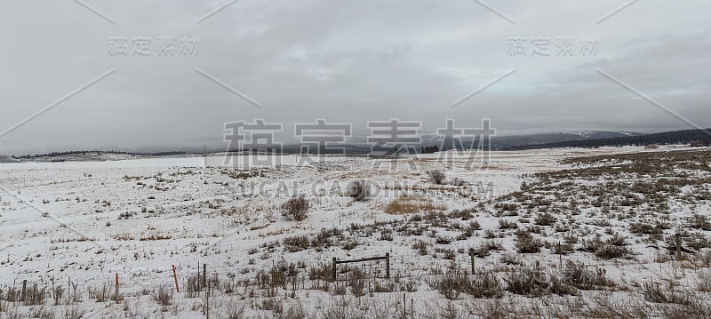 在阴沉的日子里，巨大的冰雪覆盖的牧场和迷雾笼罩的山脉的全景