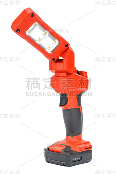 12V LED无绳任务灯，头部灵活，可伸缩挂钩，用于免提照明，红色和黑色强化塑料外壳隔离在白色背景上