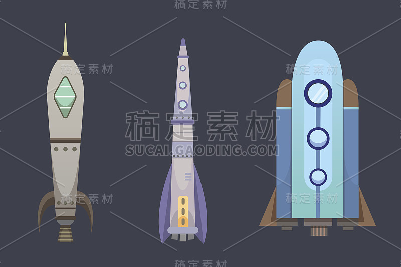 卡通风格的火箭船。新企业创新发展平面设计图标模板。宇宙飞船插图集。