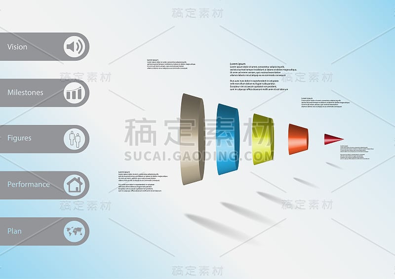 三维插图信息图形模板与圆锥体主题垂直分为五个颜色部分与简单的标志和样本文本在侧酒吧。浅蓝色渐变用作背