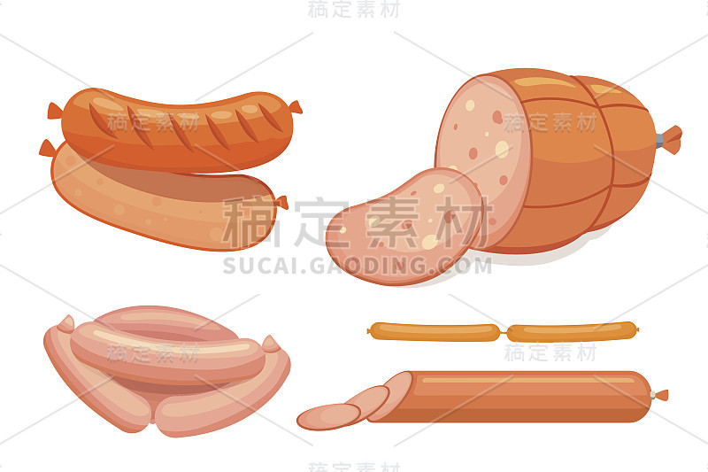 一套矢量卡通香肠。熏肉，切成薄片的意大利腊肠和烟熏水煮。孤立的新鲜熟食图标。烤产品