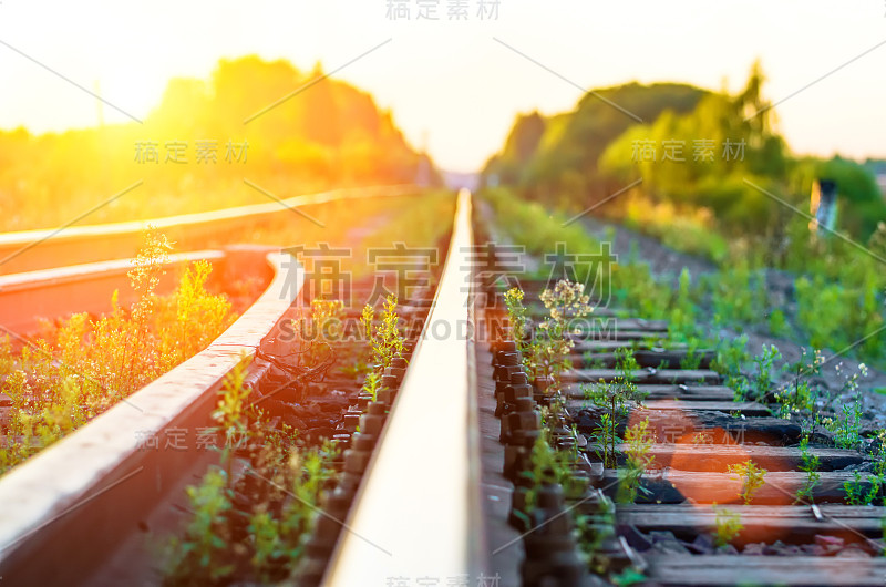 夏日日落的铁路和草地上的沉睡者