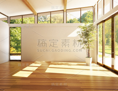 空的现代房间，充满阳光的窗户
