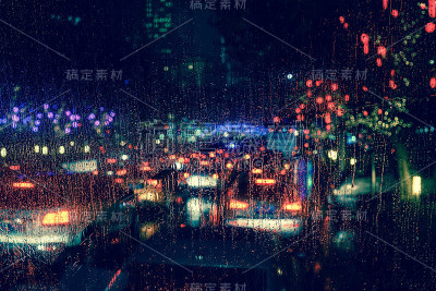雨点落在窗上，路灯散光