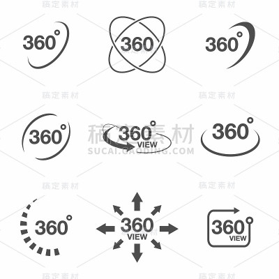 360度视图相关图标设置。标志和箭头表示旋转和全景，VR技术图标