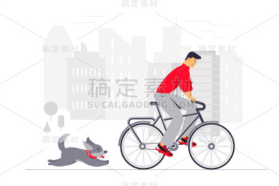 带着狗骑着自行车绕着城市转。插图