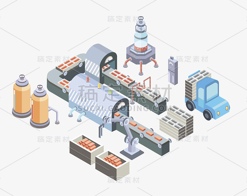 自动化生产线。工厂地面有输送机和各种机器。矢量插图在等距投影，孤立在白色。