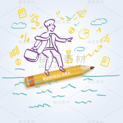 一个用铅笔和商人在波浪中移动的商业想法的矢量插图