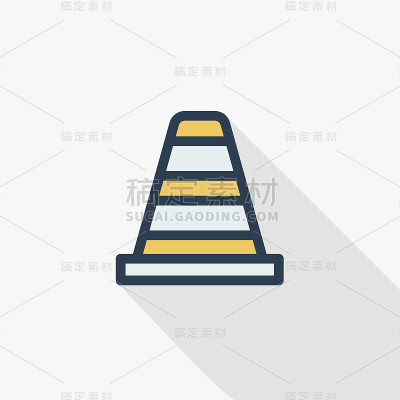 交通锥细线平彩色图标。线性向量符号。彩色的长影子设计。