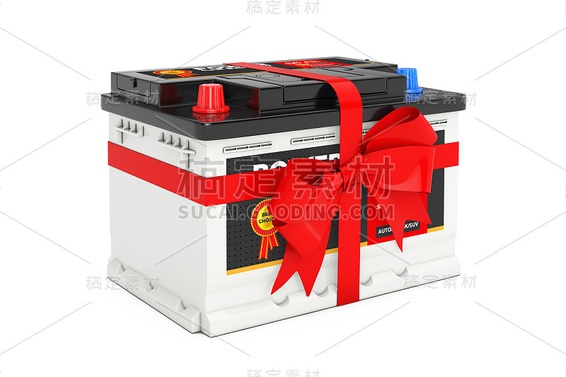 可充电汽车电池12V蓄电池与抽象标签和红色礼品蝴蝶结和丝带。3d渲染
