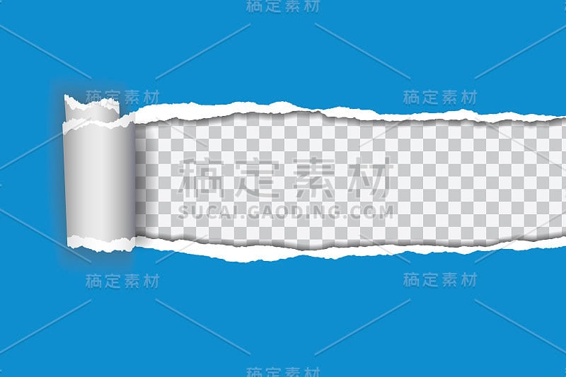 矢量现实插图蓝色撕裂纸卷边透明背景与文本框架