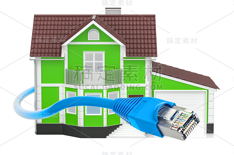 互联网连接概念，房子用局域网电缆。3D渲染孤立的白色背景