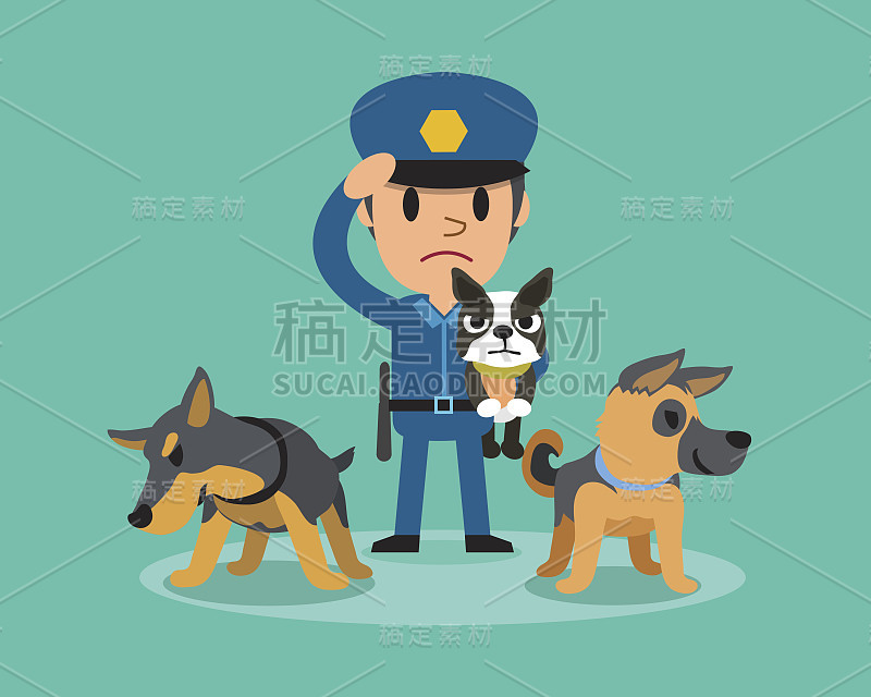 卡通保安警察带着警犬