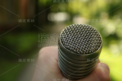 手拿麦克风。在公园采访。