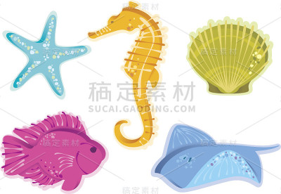 五种不同的插图代表海洋生物