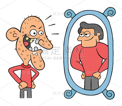 卡通丑陋的男人看着镜子，觉得自己很帅，矢量插图