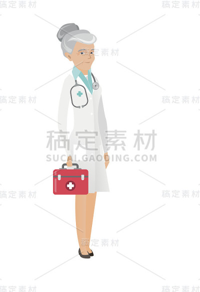 年长白种医生拿着急救箱