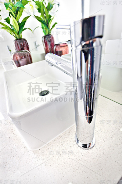 银色水龙头与水槽靠近花瓶和植物