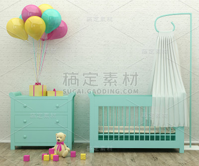 儿童卧室薄荷室内3d渲染图像