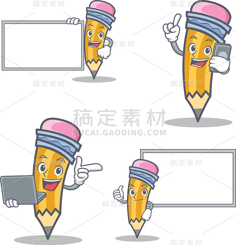 Set of pencil character with board phone laptop po