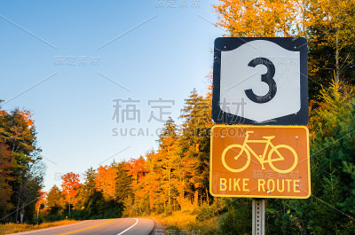 公路标志沿着公路通过森林在日落