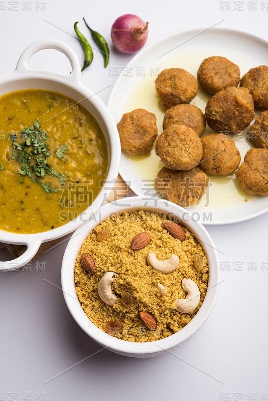 传统拉贾斯坦邦食品Daal Baati churma。印度食物。