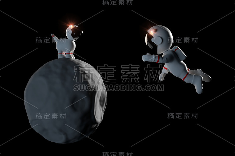 可爱的卡通宇航员角色和一只太空狗在小行星上穿着白色太空服孤立在黑色背景(3d插图)