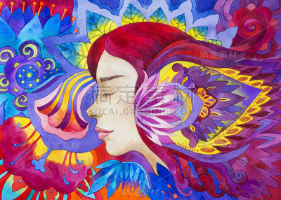 水彩画美丽的女人与花